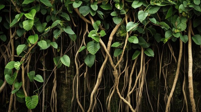 Lush green vines climbing a dark wall, nature background, for design - Powered by Adobe