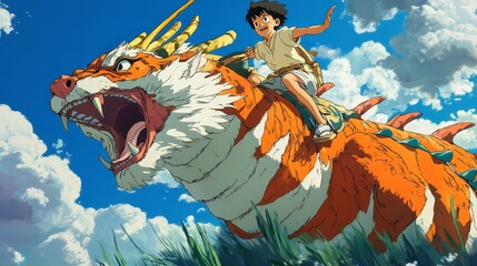 Child riding dragon fantasy illustration