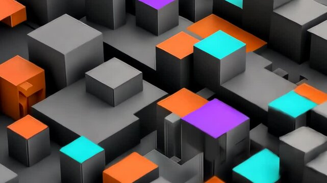 Abstract geometric composition of interlocking cubes.  A dynamic display of shapes and colors