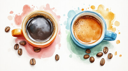 Artistic set of coffee beans and coffee cup drinks isolated on brown background,hand-drawn ,hot coffee drinks,cafe shop,modern flat design,Fashionable and cute coffee motif concept.