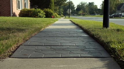 Obraz premium Suburban sidewalk, sunny day, quiet street, residential area, real estate