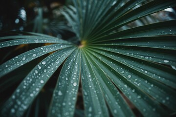 Close-up of vibrant green palm leaves adorned with glistening raindrops, showcasing nature's beauty.