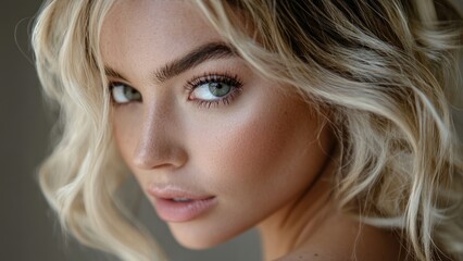 Fototapeta premium closeup portrait of woman with striking blue eyes and blonde curly hair. beauty and fashion concept. cosmetics, haircare advertising, lifestyle blog