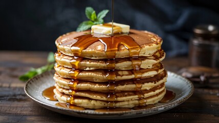 Delicious pancakes stacked high, drizzled with syrup and topped with butter, creating a mouth-watering breakfast.
