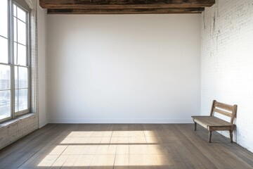 Empty loft room, sunlit, simple