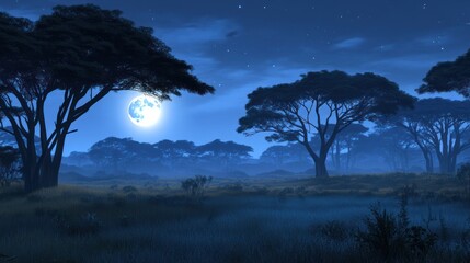 Night in African savanna, full moon, misty landscape, serene background, nature wallpaper