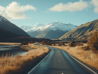 Winding road trip adventure through dramatic mountain landscape new zealand scenic travel photography natural environment