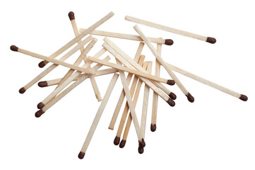 Scattered wooden matches on white background - isolated object, top view