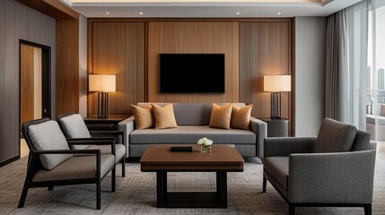 Modern living room with grey furniture, wooden accents, soft lighting, and a wall-mounted TV, creating a cozy and stylish atmosphere.