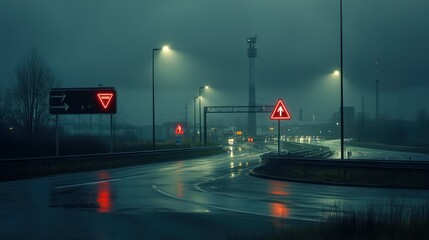 Night highway curve, rain, fog, traffic, warning signs