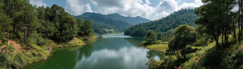 Fototapeta premium Scenic view of lake in pine forest with mountain and park concept. Serene lake surrounded by lush mountains and clear blue skies.