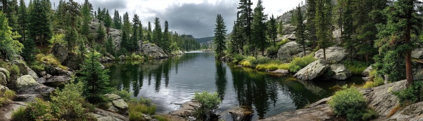 Scenic view of lake in pine forest with summer growth concept. Serene view of a tranquil lake surrounded by lush greenery.