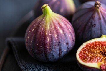Fresh purple figs with water droplets, highlighting their rich color and texture on a dark background.
