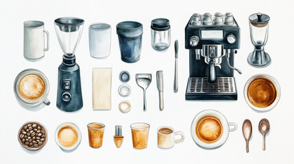 Artistic set of coffee beans and coffee cup drinks isolated on brown background,hand-drawn ,hot coffee drinks,cafe shop,modern flat design,Fashionable and cute coffee motif concept.