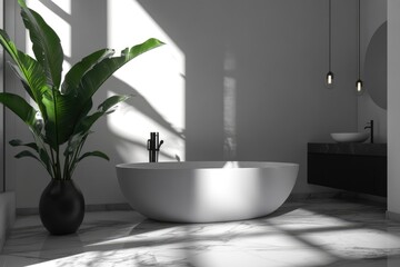 Fototapeta premium Minimalist white bathtub in a modern bathroom with marble floors and sunlight
