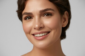 Naklejka premium Smiling woman with medium skin tone and short brown hair, showcasing a natural and joyful expression.