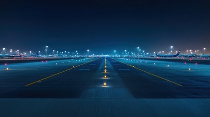 Night airport runway, planes parked, lights, travel