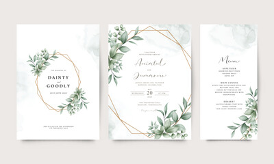 Wedding invitation card set template geometric frame elegant leaves