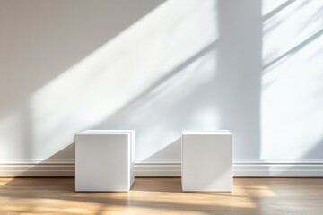Two white cubes on light-wood floor, sunlit wall