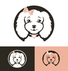 Cartoon illustration of a fluffy dog with long ears, with light pink bow, collar with a heart-shaped tag, logo in a circle,