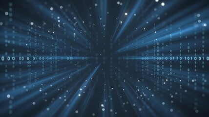 Dynamic digital background with blue binary code and radiant light streaks creating a sense of depth.
