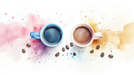 Artistic set of coffee beans and coffee cup drinks isolated on brown background,hand-drawn ,hot coffee drinks,cafe shop,modern flat design,Fashionable and cute coffee motif concept.