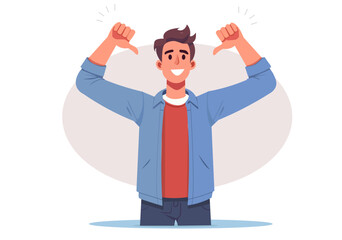 The young man raised his thumb towards himself in a proud manner.