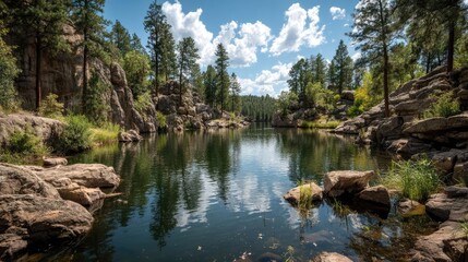 Scenic view of lake in pine forest beside nature park concept. Stunning landscape featuring a serene lake surrounded by trees.