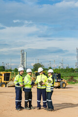 Engineer team project planning outdoor survey team, industry factory construction site. teamwork meeting . cooperation workers