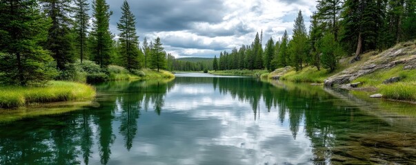 Scenic view of lake in pine forest with mountain and park concept. A serene lake reflecting trees under a cloudy sky.
