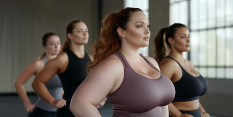 Plus size woman training with a personal trainer at the gym, working towards her fitness goals. Generated image