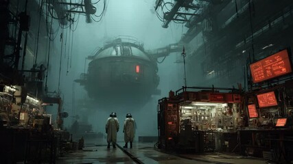 futuristic industrial facility with people in safety suits and screens in foggy atmosphere