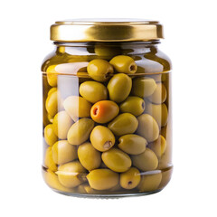 Pickled Olives in Transparent Glass Jar Isolated on Transparent Background