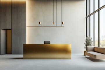 Modern lobby with gold reception desk
