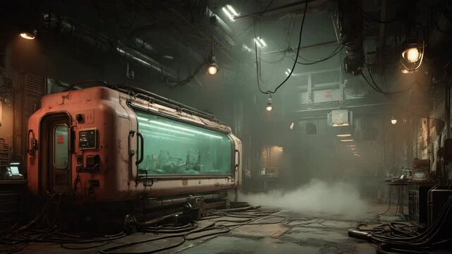 dimly lit eerie scientific Sci-Fi laboratory with Machinery, cables everywhere and smoke leak