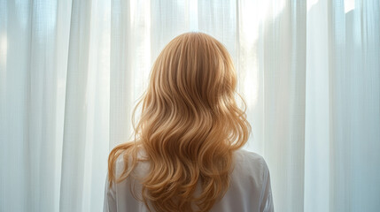 Beautiful model girl with Blonde hair strand,silky healthy chestnut wavy hair strand,hair wavy ribbon, with smooth,Keratin straightening,Treatment,straight long hair,procedures,Smooth hairstyle.