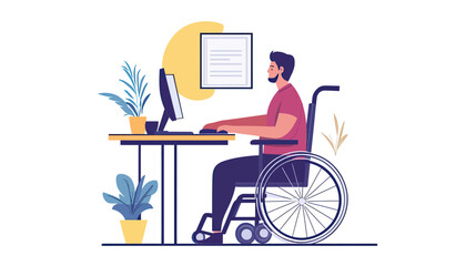 Man in wheelchair working on computer at desk in modern home office with plants and minimal workspace setup vector illustration
