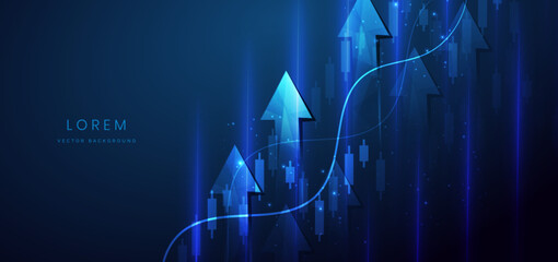 Abstract arrow up with stock market candlesticks glowing light effedct on dark blue background. Business investment concept.