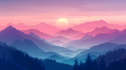 Obraz premium Serene Sunset: Majestic Mountains and Verdant Forests Displaying a Breathtaking Panorama of Nature's Splendor at Golden Hour, Evoking Tranquility and Wonder.
