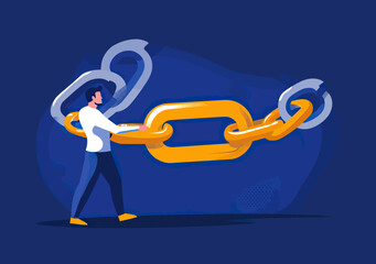 Businessman holding large golden chain link connecting silver chain links concept risk management supply chain vulnerability flat vector illustration