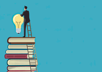 Businessman standing on ladder on stacked books holding illuminated light bulb symbolizing creativity knowledge idea innovation success and education