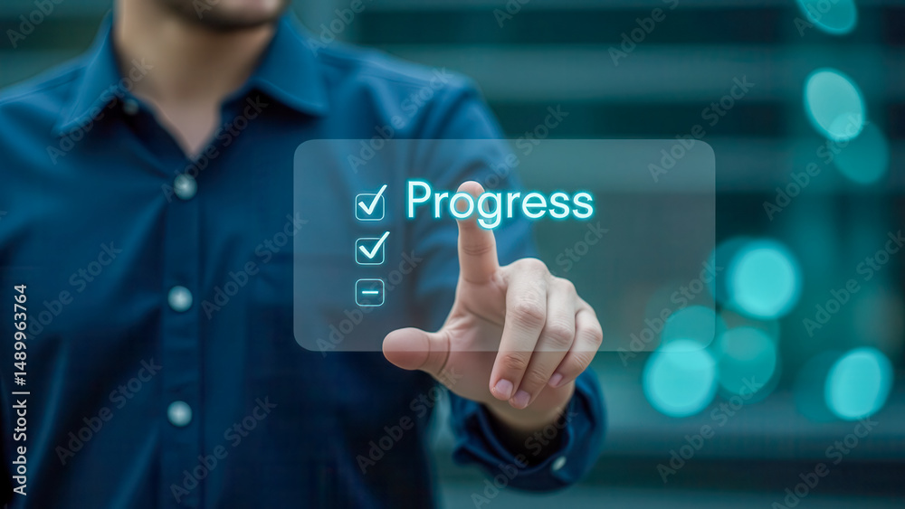 Poster man touching digital screen showing progress indicator with checkmarks and blurred background