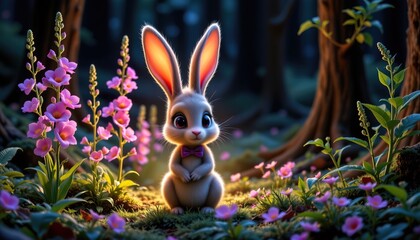 Enchanted Forest Scene with Cute Rabbit Surrounded by Vibrant Pink Flowers in a Magical Setting