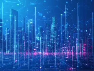 Fototapeta premium Futuristic decentralized internet concept urban landscape digital art night environment aerial view technology vision