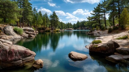 Naklejka premium Scenic view of lake in pine forest beside nature park concept. Serene lake surrounded by lush trees and clear blue skies.