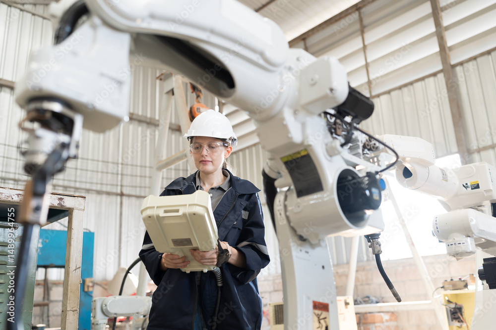 Aufkleber Robotic arm, Robotic manufacturing industry. Woman engineer control robotic arm to adjust working mechanism in workshop