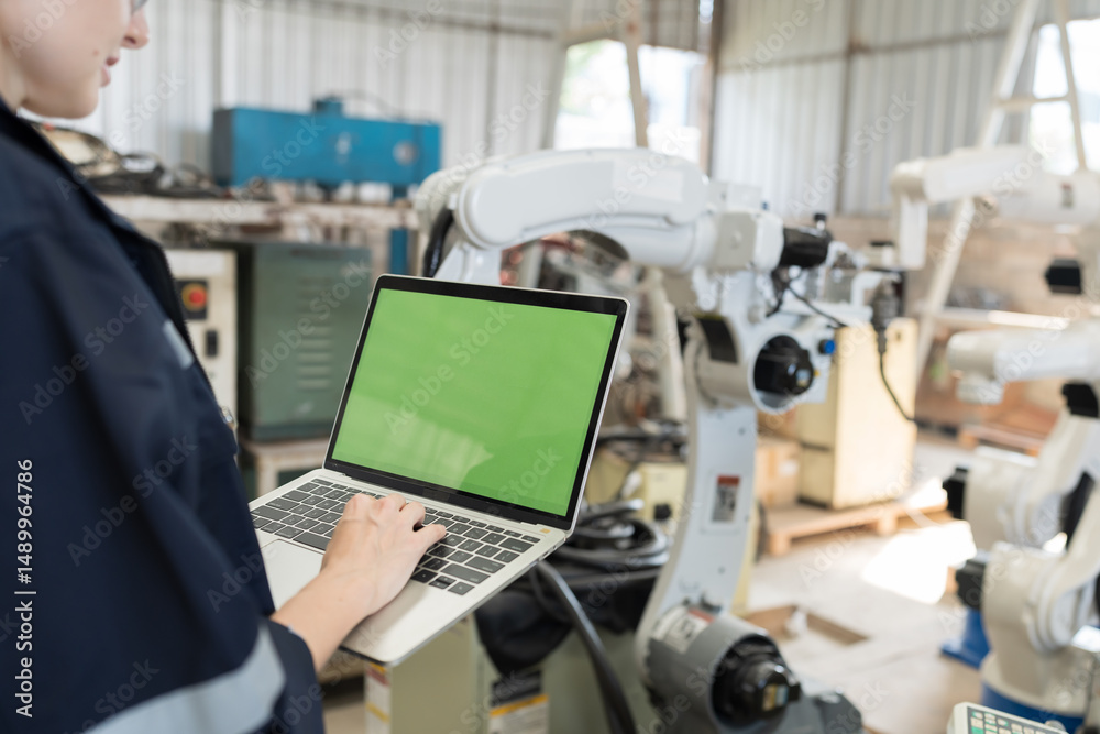 Poster robotic arm, robotic manufacturing industry. woman engineer working with laptop computer for setup, 