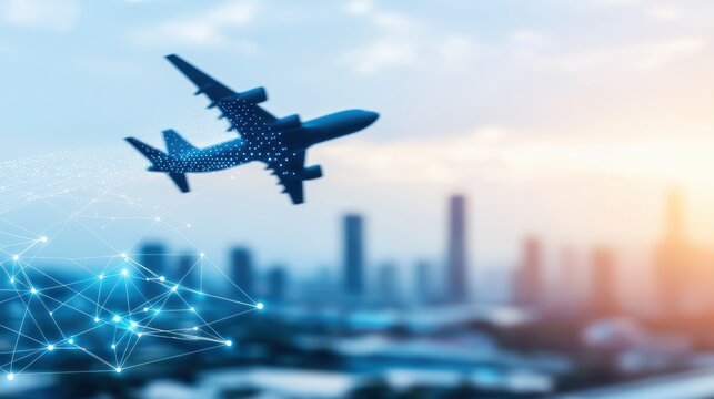 Logistic Air Freight Cargo plane taking off with a backdrop of a cityscape, representing global connectivity and air freight logistics