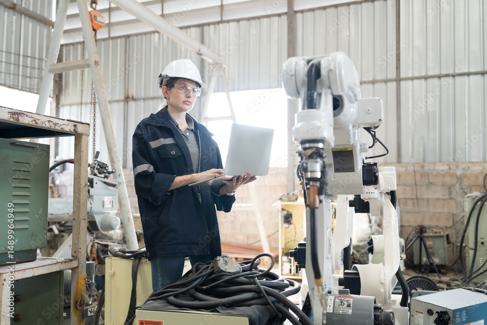 Poster robotic arm, robotic manufacturing industry. woman engineer working with laptop computer for setup, 