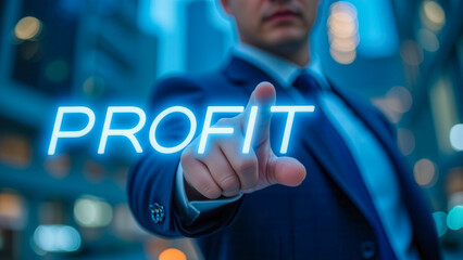 Business Professional Pointing at the Word Profit with City Skyline at Night